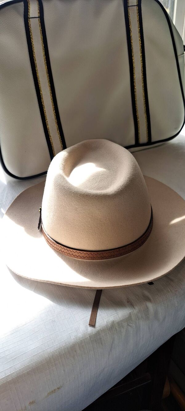 Kooringal Australia Wool Felt Fedora Hat Beige Tan Wide Brim Leather Band Size 7 - Picture 5 of 7
